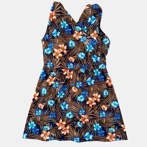 Lands' End Surplice wrap one piece Tropical Floral Swim Dress 20W Blue Brown